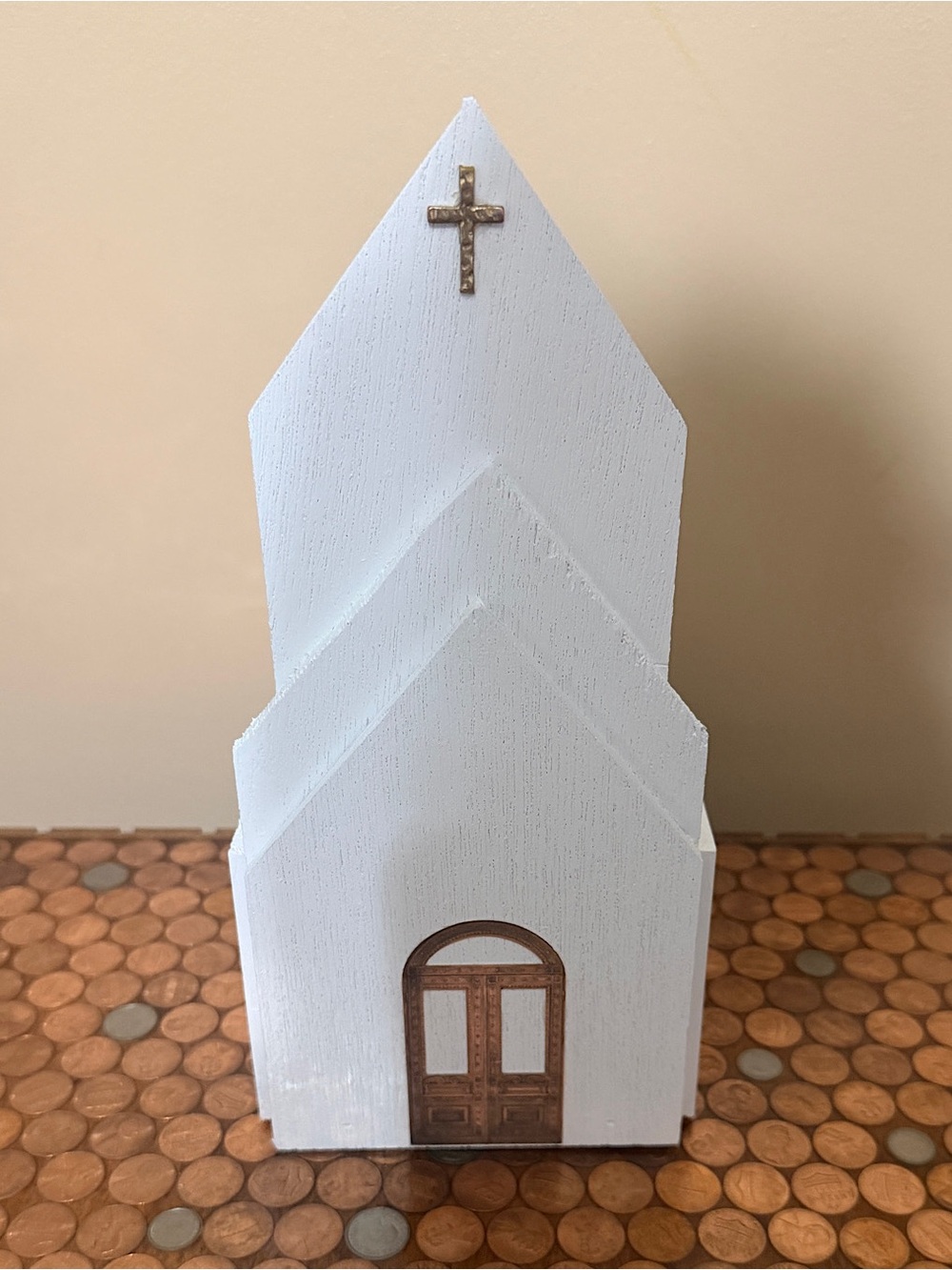 White Wooden Church Decor with Gold Cross